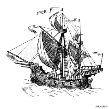 Picture of Old caravel vintage sailboat Hand drawn vector sketch